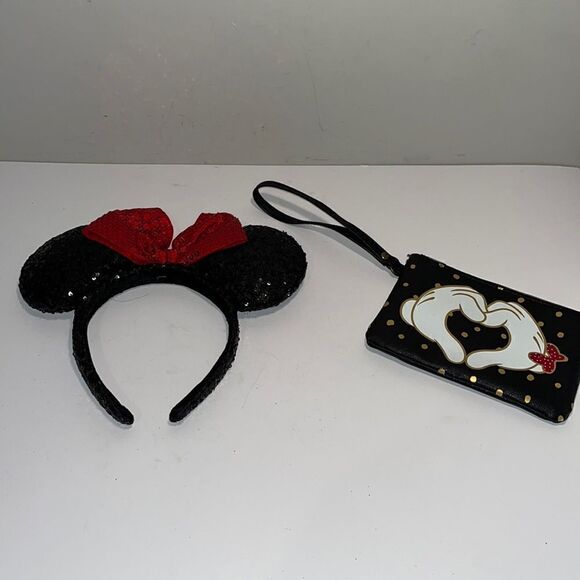 Disney Accessories - Disney wristlet 6.5”x4.5”x7”, and Minnie Mouse’s glitter ears.